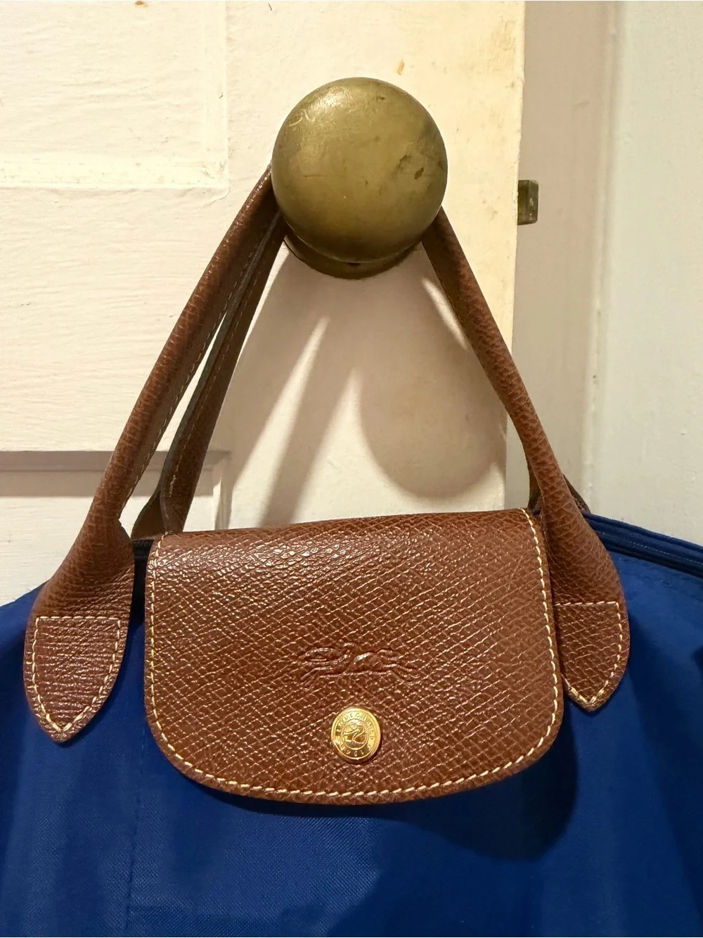 Longchamp Brown Leather Flap Tote with Navy Body
